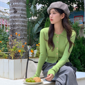 罗莱妃草绿色毛衣开衫少女bm小个子高腰短款polo领抹茶绿针织外套