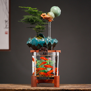 招财水景鱼缸创意流水摆件客厅桌面圆形循环生态水族箱中式开业礼