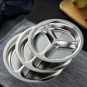 304不锈钢分格餐盘圆形三格家用儿童幼儿园防摔快餐盘商用菜盘子