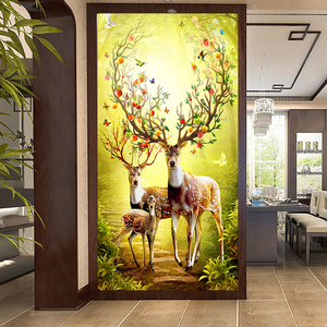 新中式唯美轻奢梅花鹿入户玄关装饰画走廊过道墙贴壁挂画自粘