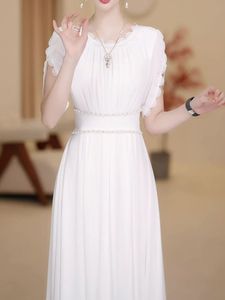 蕾丝镶钻长裙连衣裙女2024夏季新款名媛短袖大码显瘦白色气质裙子
