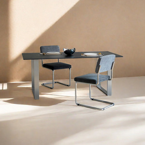 意式轻奢岩板餐桌家用设计师不锈钢简约现代极简六人书桌办公桌子