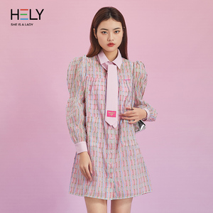 hely原创设计小众款时尚气质粉色格子连衣裙2022夏季新款女装宽松