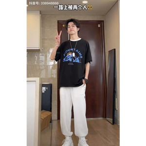 大雄小个子穿搭夏季套装韩版帅气字母印花宽松圆领落肩短袖t恤男