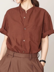 复古日系显白棕红色立领棉质衬衫女夏新款宽松设计感休闲短袖衬衣