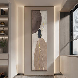 侘寂风玄关装饰画竖版窄长条石来运转客厅挂画入户走廊过道壁画