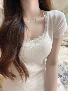 BM甜美蕾丝花边zellytop白色纯棉螺纹短袖bmT恤女修身显瘦上衣ins