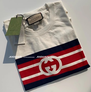 【吸管儿】gucci ss21 互扣式双g条纹印花短袖t恤 男款 米白色