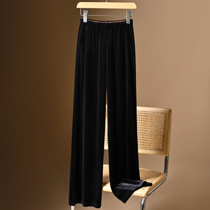 高端丝绒3.0系列腰部撞色直筒裤子女春秋新款高腰显瘦黑色阔腿裤
