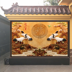 迎门墙庭院背景墙壁纸仙鹤农村户外迎宾墙壁布福字防水影壁画墙布