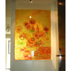 艺术玻璃玄关屏风双面隔断门芯装饰画肌理雕刻工艺梵高名作向日葵