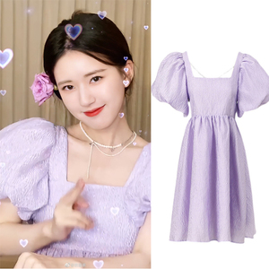 赵露思同款紫色方领泡泡袖连衣裙女露背蝴蝶结收腰蓬蓬在逃公主裙