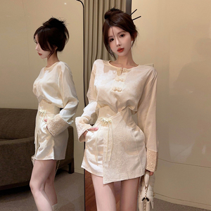 新中式国风提花亮片长袖上衣短裙两件套装裙小个子春装搭配一整套