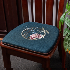 新中式红木马蹄形椅子坐垫防滑可拆洗亚麻垫刺绣实木餐桌椅子坐垫