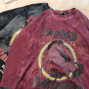 潮牌独角兽扎染印花宽松长袖t恤女2021秋季新款情侣装半袖上衣潮