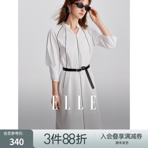 ELLE法式白色线条感系带连衣裙女2024夏季新款高端精致中袖裙子