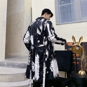 青年个性中长款风衣男士春秋修身衣服帅气披风中国风韩版印花外套