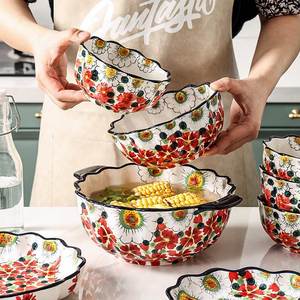 芬兰陶瓷花边碗家用双耳面条汤碗大号创意个性吃饭碗盘子高档餐具