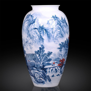 景德镇瓷器青花瓷大师手绘山水画摆件轻奢中式家客厅插花陶瓷花瓶