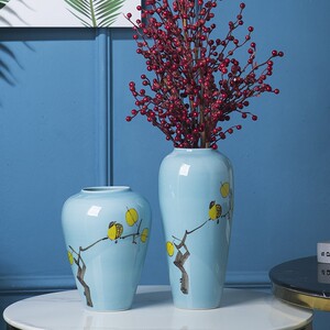 蓝色手绘花鸟陶瓷插花瓶家居水培花器客厅床头柜餐桌样板房软装饰