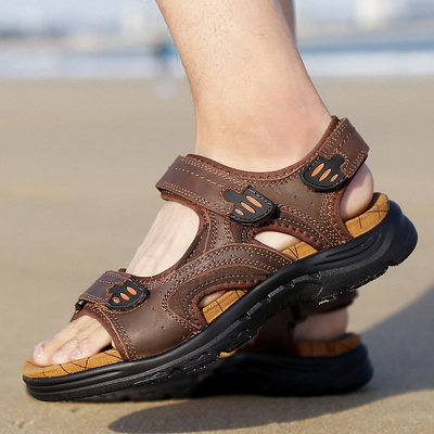 高档男士夏季沙滩鞋男真皮牛皮户外运动休闲防滑厚底软底潮越南凉