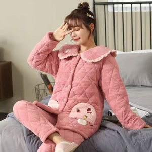 日本购夹棉睡衣j女士冬季贝贝绒三层加厚连带帽中长款保暖棉袄法