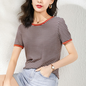 官方网店铺版以纯棉系列女装2021夏季新款条纹修身圆领短袖t恤女