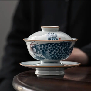 梦墨堂手绘青花龙鱼三才圆满盖碗陶瓷茶具高端仿古瓷茶杯泡茶碗