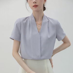 短袖雪纺紫色衬衫女夏季设计感小众气质V领衬衣职业面试正装上衣