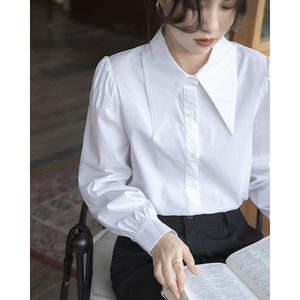 大尖领白色衬衫女春装2024年设计感小众复古衬衣通勤正装纯棉上衣