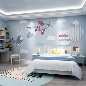 男孩卧室墙纸墙布儿童房床头壁纸淡蓝色卡通飞机太空全屋定制壁画