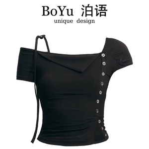BoYu 2024夏黑色星期八气质百搭时尚高级感斜肩绑带T恤修身短上衣
