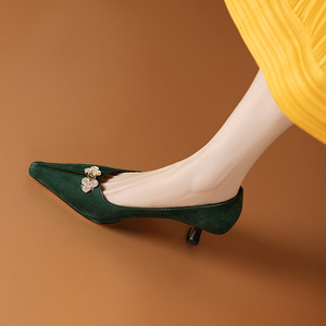 意大利Raraente新中式国风绿色细跟高跟鞋女优雅尖头浅口单鞋婚鞋