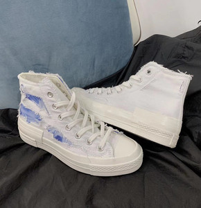 1970s拼接蓝天白云双层鞋面匡威涂鸦diy随意撕扯奶白帆布鞋滑板鞋