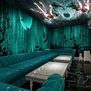 新款3d新款景室鬼脱墙纸逃屋墙布吓人游乐场恐怖主题w房壁纸背密