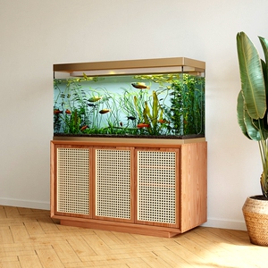实木藤编鱼缸底柜客厅水族箱底座储物架子桌子玻璃门餐边柜收纳柜