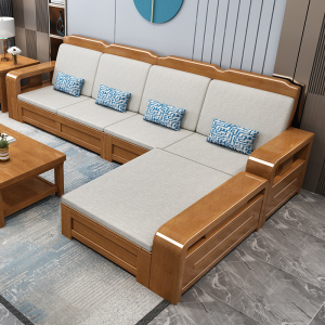 全友家居中式实木沙发组合小户型冬夏两用雕花高箱储物沙发经济型