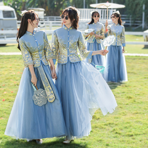 中式伴娘服姐妹团装2024夏季新款蓝色礼服女中国风大码胖mm姐妹裙