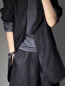 夏季新款气质黑色苎麻西装外套女轻熟风休闲裤子职业通勤装两件套