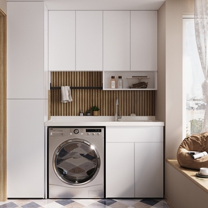 苏州阳台柜洗衣机伴侣一体柜组合太空铝柜搓板洗衣池现代简约吊柜