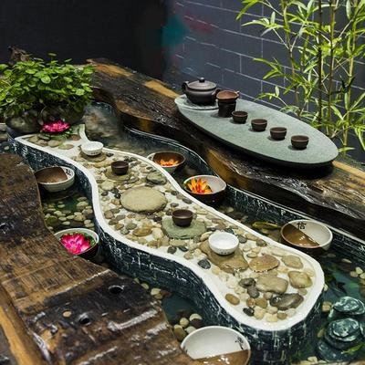 曲水流觞可养鱼的茶茶台套装商用办公室台木制茶桌流水养鱼循环.