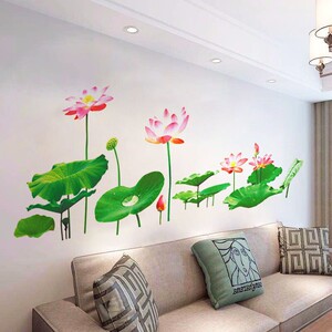 新款莲花贴纸墙画中国风荷壁墙自粘画客厅房间装饰品墙背景墙