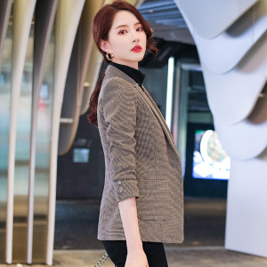 千鸟格灰色西装外套女秋冬加厚大码休闲女士上衣小个子短款西服冬