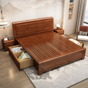 简约中式胡桃木现代卧室双人气压高箱收纳储物大床1米5实木单人床