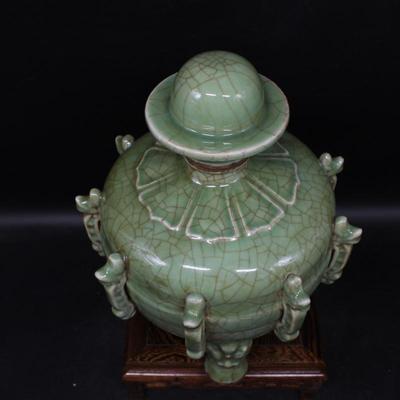 t宋龙泉窑开片影清三足九龙酒壶 民间酒具收藏 仿古瓷器摆件古玩
