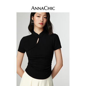 ANNACHIC新中式改良立领盘扣T恤夏季新款设计感别致收腰扭结上衣