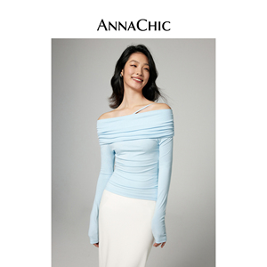 ANNACHIC纯欲感蓝色褶皱T恤女春季设计感软糯一字肩气质长袖上衣