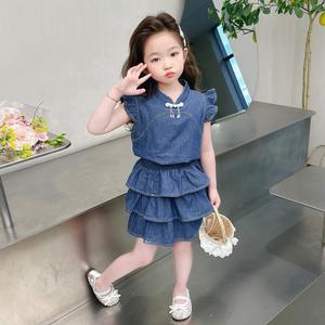 儿童旗袍女童中式夏季中国风一两三岁女孩宝宝改良蛋糕牛仔裙套装