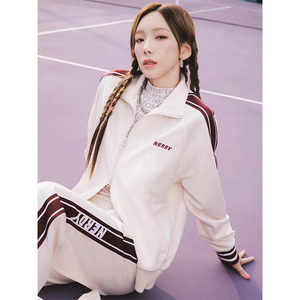 iu nerdy韩国潮牌金泰妍百搭情侣同款运动串标双拉链外套时尚套装