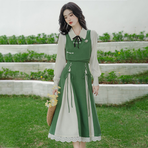 新中式绿色清新时尚气质套装学院风连衣裙春装女2024年新款三件套